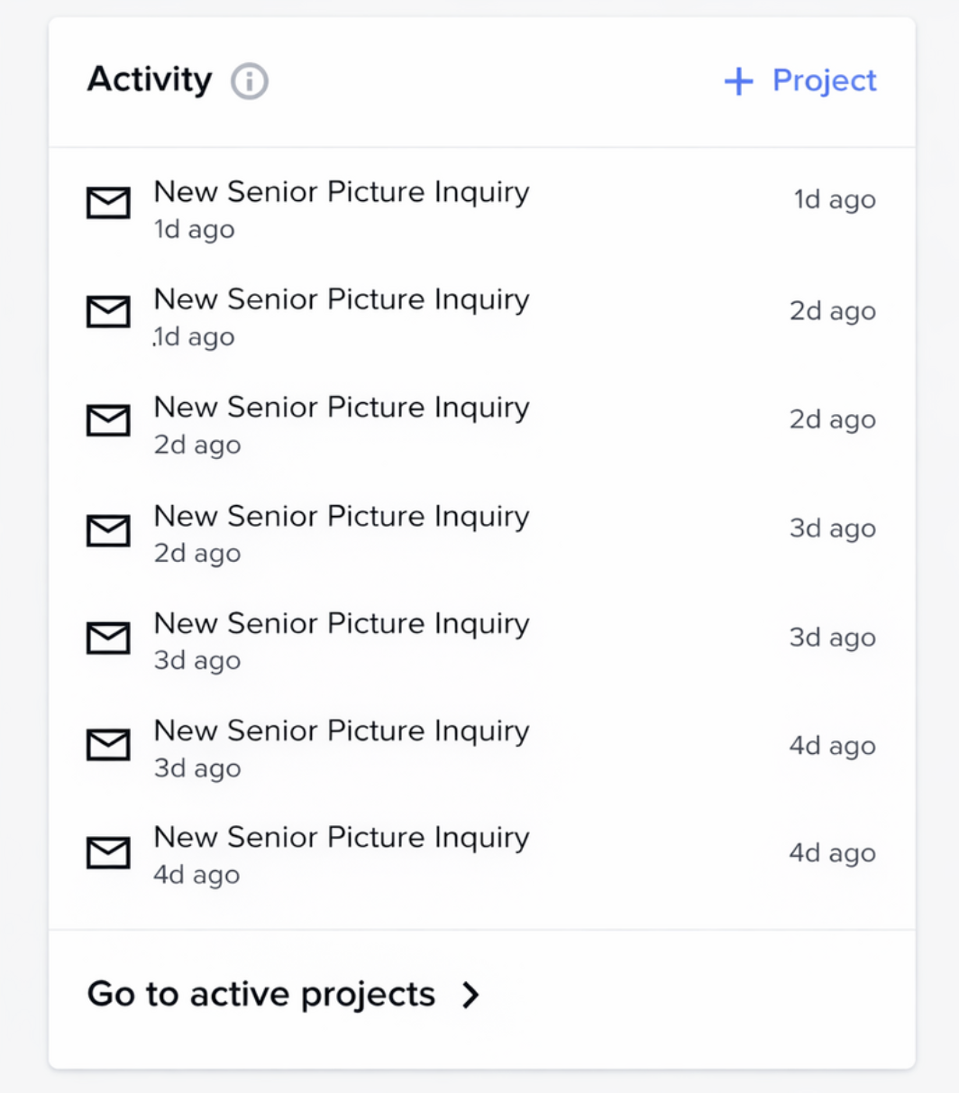 A screenshot of an activity feed showing a stream of new senior picture inquiry notifications from April 2026